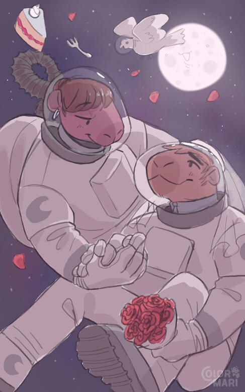 "Astronauts during a romantic space wedding" (ColorMari)